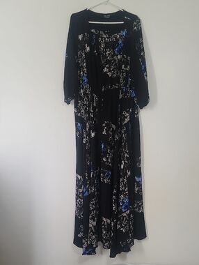 Black Floral Maxi Dress with Blue & White Accents